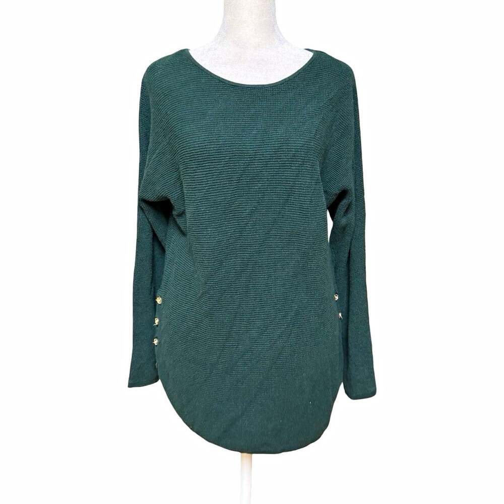 Michael Kors Green Solid Knit Scoop Neck Button Accent Pullover Sweater Womens M